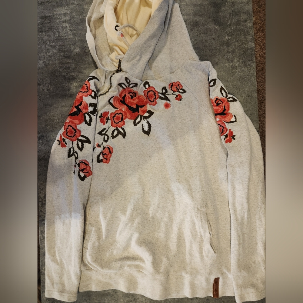 Floral Embroidered Light Gray Hoodie Sweatshirt - Women